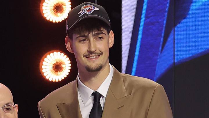 Jun 23, 2026; New York, NY, USA; NBA commissioner Adam Silver greets the twelfth pick in the 2026 NBA draft, Michigan center Aday Mara after he was selected by the Oklahoma City Thunder at Barclays Center. Mandatory Credit: Brad Penner-Imagn Images