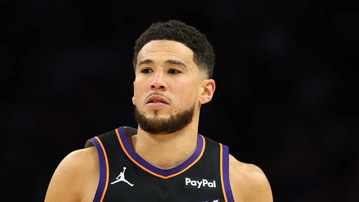 Phoenix Suns guard Devin Booker (1) against the Oklahoma City Thunder in the second half during game four of the first round of the 2026 NBA Playoffs at Mortgage Matchup Center on April 27, 2026. Phoenix Suns guard Devin Booker (1) against the Oklahoma City Thunder in the second half during game four of the first round of the 2026 NBA Playoffs at Mortgage Matchup Center on April 27, 2026.
