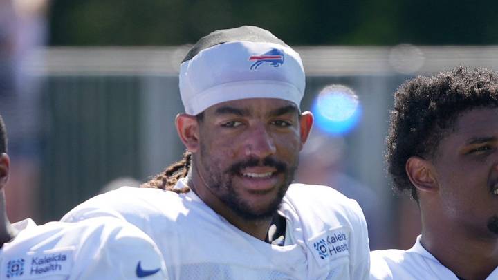 Bills Kaleb Elarms-Orr, 52, stays after practice and chats with teammates for a little while at Bills Training Camp at St. John Fisher University in Pittsford on Aug. 4, 2026. Bills Kaleb Elarms-Orr, 52, stays after practice and chats with teammates for a little while at Bills Training Camp at St. John Fisher University in Pittsford on Aug. 4, 2026.