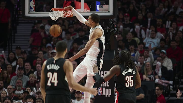 Apr 26, 2026; Portland, Oregon, USA; San Antonio Spurs forward Victor Wembanyama (1) dunks the basketball during the first half against the Portland Trail Blazers during Game 4 of the first round of the 2026 NBA Playoffs at Moda Center.
