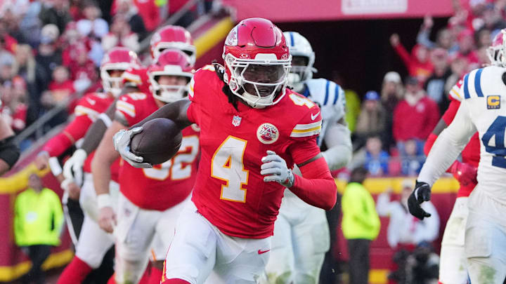 Nov 23, 2025; Kansas City, Missouri, USA;  Kansas City Chiefs wide receiver Rashee Rice (4) runs against the Indianapolis Colts in overtime at GEHA Field at Arrowhead Stadium. Mandatory Credit: Denny Medley-Imagn Images