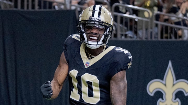 Nov 10, 2024; New Orleans, Louisiana, USA; New Orleans Saints wide receiver Marquez Valdes-Scantling (10) celebrates a touchdown against the Atlanta Falcons during the first half at Caesars Superdome. Mandatory Credit: Matthew Hinton-Imagn Images