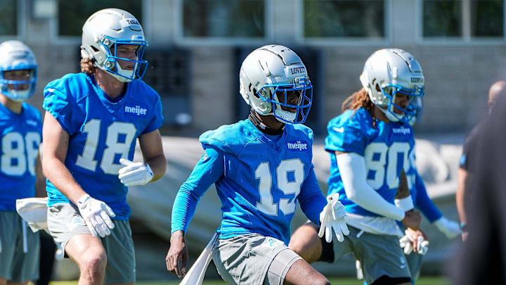 Detroit Lions wide receivers Dominic Lovett (19) and Isaac TeSlaa (18) practice during rookie minicamp at Meijer Performance Center in Allen Park on Friday, May 9, 2025.