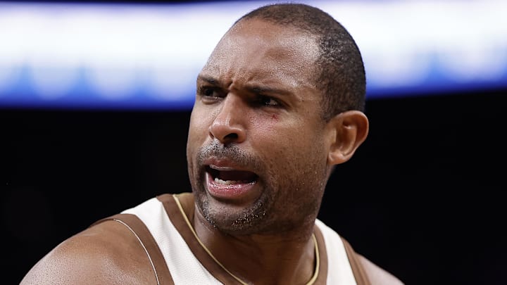 Feb 9, 2026; San Francisco, California, USA; Golden State Warriors center Al Horford (20) with blood under his left eye after a play against the Memphis Grizzlies during the fourth quarter at Chase Center. Mandatory Credit: Kelley L Cox-Imagn Images