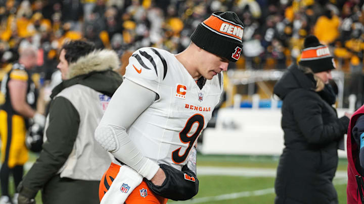 Bengals Joe Burrow (9) leaves the field after their game against the Steelers at Acrisure Stadium on Saturday January 4, 2025. The Bengals won the game with a final score of 19-17.
