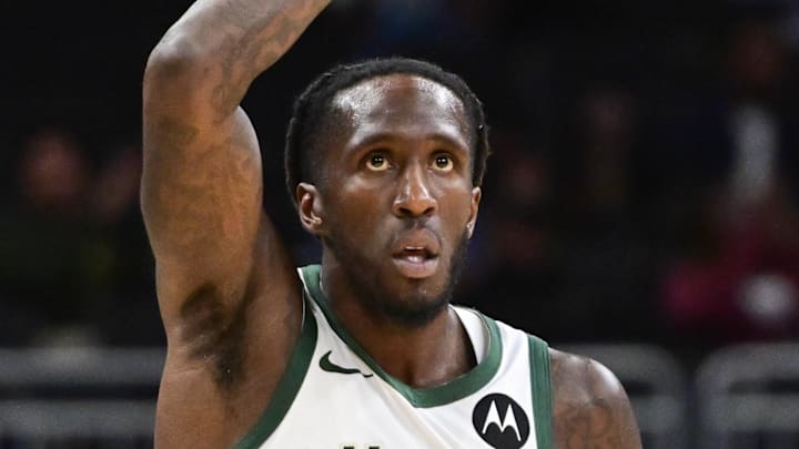 Milwaukee Bucks guard Taurean Prince reacts after scoring a basket  against the Detroit Pistons on October 9, 2025.