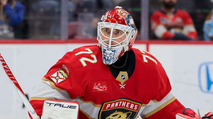 Feb 2, 2026; Sunrise, Florida, USA; Florida Panthers goaltender Sergei Bobrovsky (72) defends his net against the Buffalo Sabres during the second period at Amerant Bank Arena. Mandatory Credit: Sam Navarro-Imagn Images