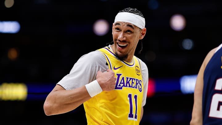 Jan 20, 2026; Denver, Colorado, USA; Los Angeles Lakers center Jaxson Hayes (11) reacts towards the Denver Nuggets bench in the fourth quarter at Ball Arena. Mandatory Credit: Isaiah J. Downing-Imagn Images