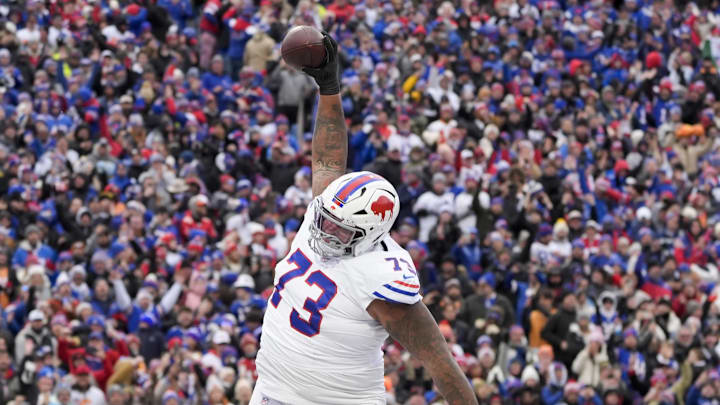 Nov 16, 2025; Orchard Park, New York, USA; Buffalo Bills offensive tackle Dion Dawkins (73) celebrates Josh Allen’s first quarter touchdown against the Tampa Bay Buccaneers at Highmark Stadium. Mandatory Credit: Gregory Fisher-Imagn Images Nov 16, 2025; Orchard Park, New York, USA; Buffalo Bills offensive tackle Dion Dawkins (73) celebrates Josh Allen’s first quarter touchdown against the Tampa Bay Buccaneers at Highmark Stadium. Mandatory Credit: Gregory Fisher-Imagn Images