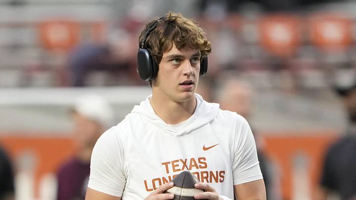 Texas Longhorns quarterback Arch Manning warms up before a game against the Texas A&M Aggies at Darrell K Royal-Texas Memorial Stadium.
