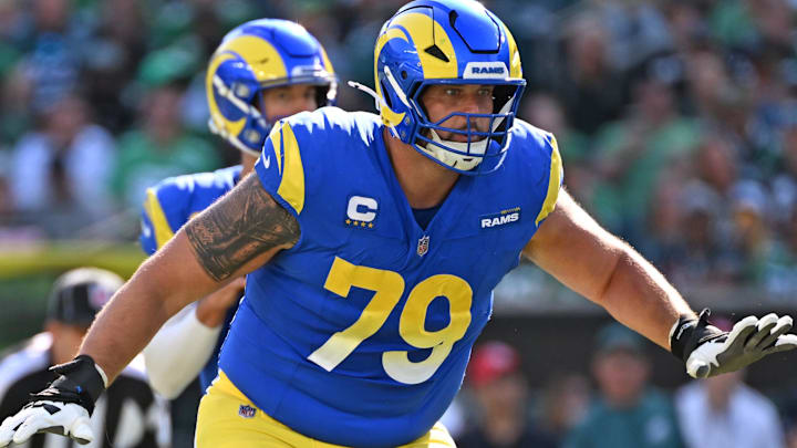 Sep 21, 2025; Philadelphia, Pennsylvania, USA; Los Angeles Rams offensive tackle Rob Havenstein (79) against the Philadelphia Eagles at Lincoln Financial Field. Mandatory Credit: Eric Hartline-Imagn Images