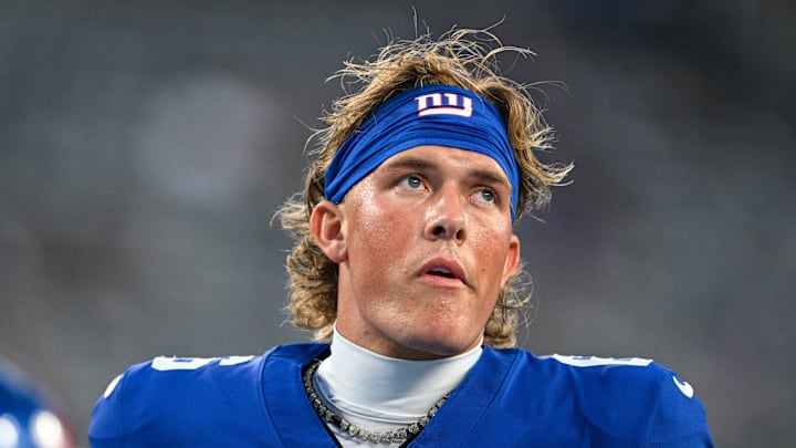 New York Giants quarterback Jaxson Dart (6) warms up before the game against the New England Patriots at MetLife Stadium. New York Giants quarterback Jaxson Dart (6) warms up before the game against the New England Patriots at MetLife Stadium.