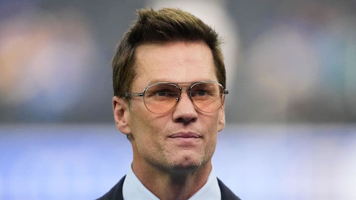 Fox broadcaster Tom Brady is seen prior to the game between the Detroit Lions and the Los Angeles Rams.