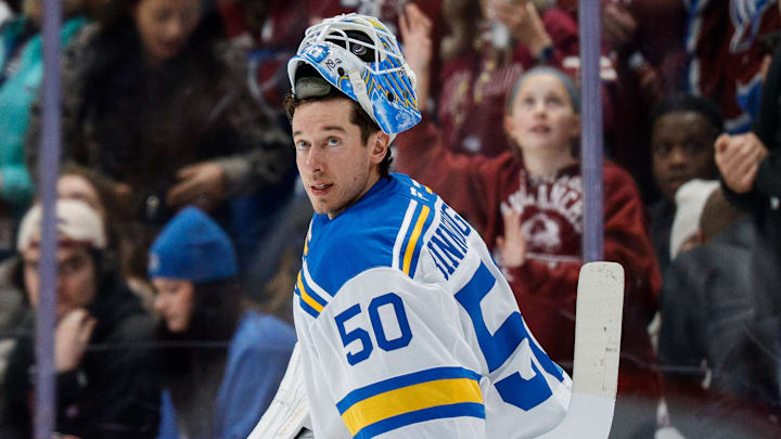 Dec 31, 2025; Denver, Colorado, USA; St. Louis Blues goaltender Jordan Binnington (50) skates to the net after a timeout in the first period against the Colorado Avalanche at Ball Arena. Mandatory Credit: Isaiah J. Downing-Imagn Images