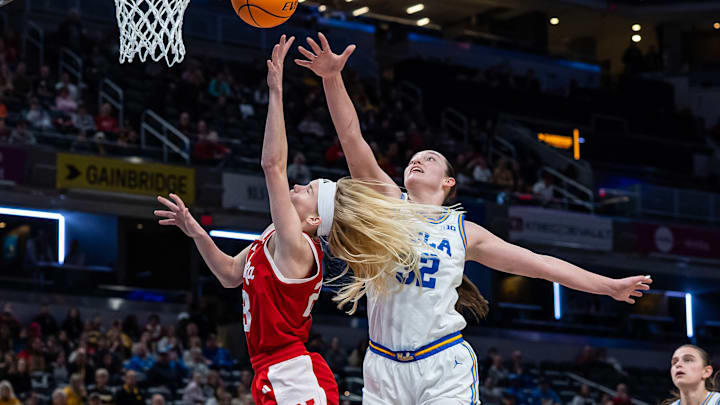 Nebraska guard Britt Prince shoots against UCLA during the 2025 Big Ten Conference Tournament in Indianapolis.