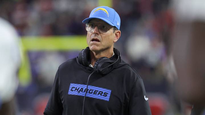 Jan 11, 2025; Houston, Texas, USA; Los Angeles Chargers head coach Jim Harbaugh reacts during the game against the Houston Texans in an AFC wild card game at NRG Stadium. Mandatory Credit: Troy Taormina-Imagn Images Jan 11, 2025; Houston, Texas, USA; Los Angeles Chargers head coach Jim Harbaugh reacts during the game against the Houston Texans in an AFC wild card game at NRG Stadium. Mandatory Credit: Troy Taormina-Imagn Images