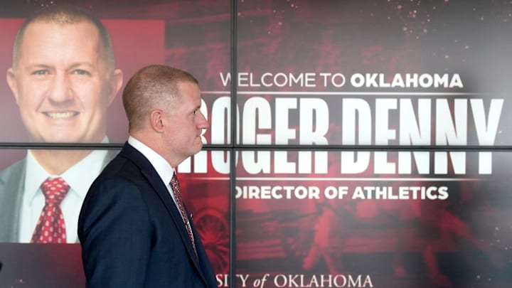 Oklahoma Director of Athletics Roger Denny walks to a press conference following a introduction ceremony at the Gaylord Family –– Oklahoma Memorial Stadium in Norman, Okla.,, Wednesday Jan. 28, 2026.