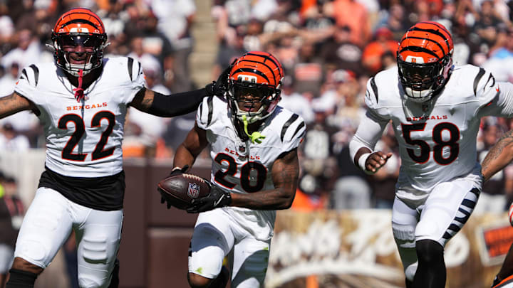 Bengals DJ Turner II (20) celebrates with his team after catching an interception during their game against the Cleveland Browns at Huntington Bank Field on Sunday September 7, 2025. The Bengals won the game with a final score of 17-16. Bengals DJ Turner II (20) celebrates with his team after catching an interception during their game against the Cleveland Browns at Huntington Bank Field on Sunday September 7, 2025. The Bengals won the game with a final score of 17-16.