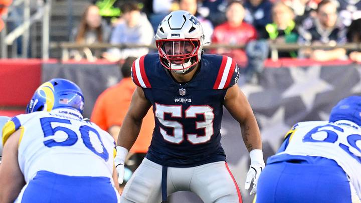 Nov 17, 2024; Foxborough, Massachusetts, USA; New England Patriots linebacker Christian Elliss (53) lines up against the Los Angeles Rams during the first half at Gillette Stadium. Mandatory Credit: Eric Canha-Imagn Images Nov 17, 2024; Foxborough, Massachusetts, USA; New England Patriots linebacker Christian Elliss (53) lines up against the Los Angeles Rams during the first half at Gillette Stadium. Mandatory Credit: Eric Canha-Imagn Images