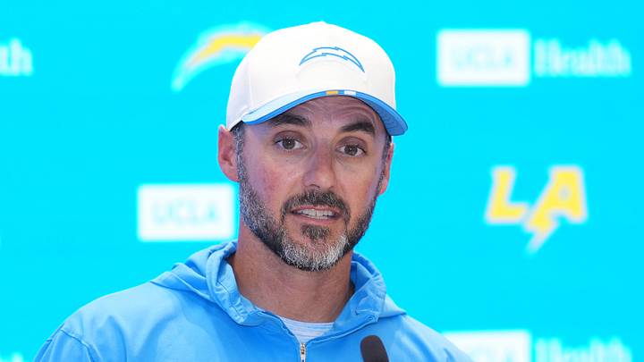 Aug 7, 2025; El Segundo, CA, USA; Los Angeles Chargers defensive coordinator Jesse Minter at press conference during training camp at The Bolt. Mandatory Credit: Kirby Lee-Imagn Images
