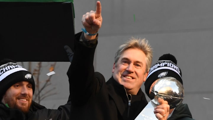 Feb 8, 2018; Philadelphia, PA, USA;  Philadelphia Eagles head coach Doug Pederson holds the Lombardi trophy during Super Bowl LII champions parade. Mandatory Credit: Kirby Lee-Imagn Images