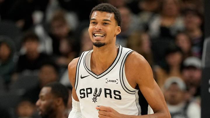Oct 30, 2025; San Antonio, Texas, USA; San Antonio Spurs forward Victor Wembanyama (1) reacts after losing the ball out of bounds during the second half against the Miami Heat at Frost Bank Center. Mandatory Credit: Scott Wachter-Imagn Images