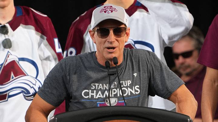 Jun 30, 2022; Denver, Colorado, USA; Colorado Avalanche general manager Joe Sakic speaks during the Stanley Cup Championship Celebration. Mandatory Credit: Ron Chenoy-USA TODAY Sports