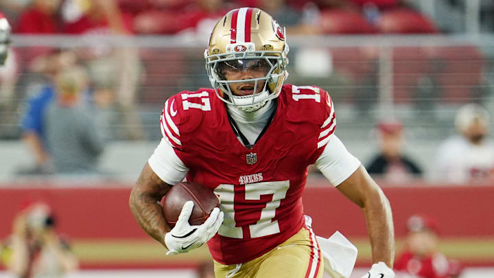 Aug 9, 2025; Santa Clara, California, USA;  San Francisco 49ers wide receiver Jordan Watkins (17) makes a catch against the Denver Broncos in the third quarter at Levi's Stadium. Mandatory Credit: David Gonzales-Imagn Images