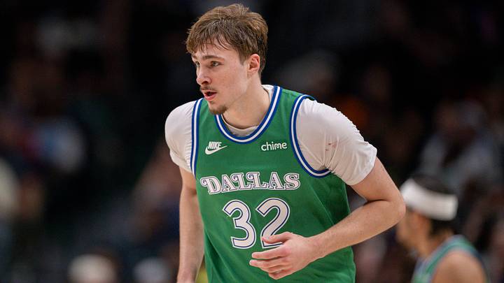 Apr 3, 2026; Dallas, Texas, USA; Dallas Mavericks forward Cooper Flagg (32) runs back up the court during the game between the Mavericks and the Magic at American Airlines Center. Mandatory Credit: Jerome Miron-Imagn Images