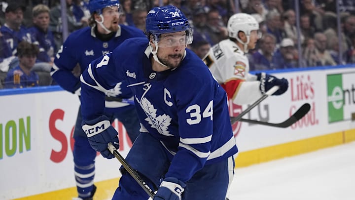 May 14, 2025; Toronto, Ontario, CAN; Toronto Maple Leafs forward Auston Matthews (34) carries the puck against the Florida Panthers during the second period of game five of the second round of the 2025 Stanley Cup Playoffs at Scotiabank Arena. Mandatory Credit: John E. Sokolowski-Imagn Images