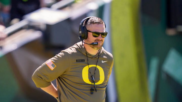 Oregon head coach Dan Lanning looks on during the Oregon Ducks annual spring game on April 25, 2026 at Autzen Stadium in Eugene, Oregon.