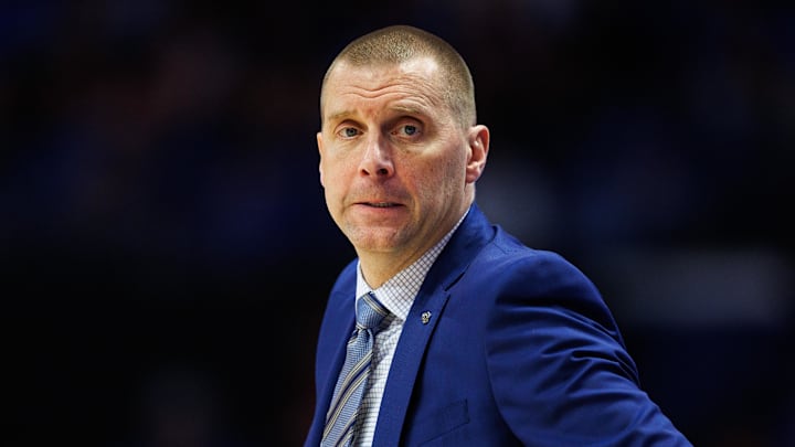 Mar 7, 2026; Lexington, Kentucky, USA; Kentucky Wildcats head coach Mark Pope looks on during the second half against the Florida Gators at Rupp Arena at Central Bank Center. Mandatory Credit: Jordan Prather-Imagn Images