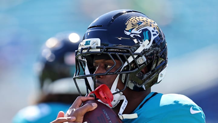 Oct 12, 2025; Jacksonville, Florida, USA; Jacksonville Jaguars running back Travis Etienne (1) warms up before the game against the Seattle Seahawks at EverBank Stadium. Mandatory Credit: Morgan Tencza-Imagn Images