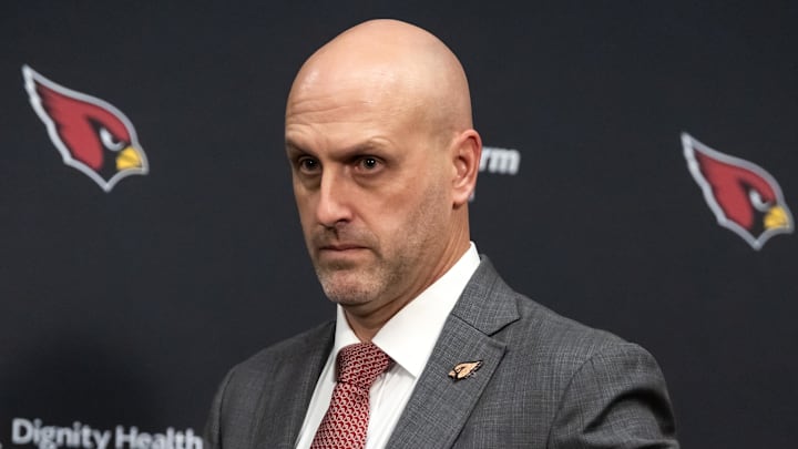 Feb 3, 2026; Tempe, AZ, USA; Arizona Cardinals general manager Monti Ossenfort at a press conference at the Cardinals training facility. Mandatory Credit: Mark J. Rebilas-Imagn Images