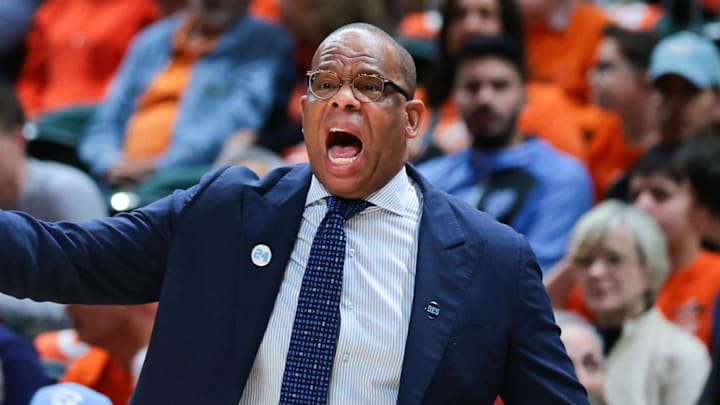 Feb 10, 2026; Coral Gables, Florida, USA; North Carolina Tar Heels head coach Hubert Davis reacts from the sideline against the Miami Hurricanes during the first half at Watsco Center. Mandatory Credit: Sam Navarro-Imagn Images