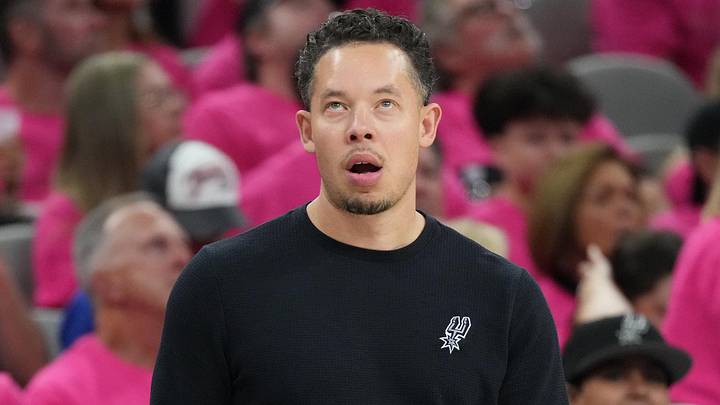 May 22, 2026; San Antonio, Texas, USA; San Antonio Spurs head coach Mitch Johnson reacts in the first half during game three of the western conference finals for the 2026 NBA playoffs at Frost Bank Center. Mandatory Credit: Scott Wachter-Imagn Images