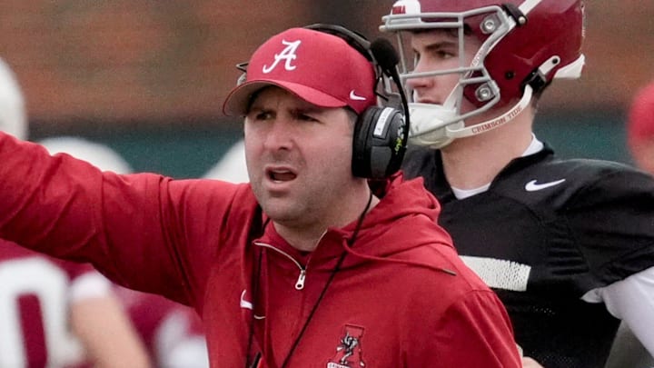 Mar 5, 2025; Tuscaloosa, AL, USA; Quarterbacks coach Nick Sheridan directs his players during Spring Practice for the Crimson Tide.