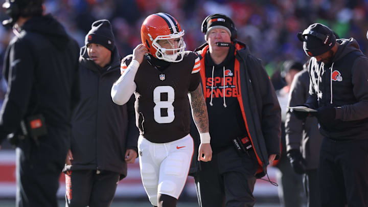 Dec 21, 2025; Cleveland, Ohio, USA;  Cleveland Browns quarterback Dillon Gabriel (8) prepares to enter the game against the Buffalo Bills during the first half at Huntington Bank Field. Mandatory Credit: Scott Galvin-Imagn Images