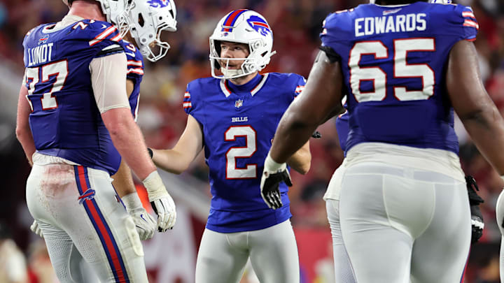 Buffalo Bills place kicker Tyler Bass (2) makes a field goal against the Tampa Bay Buccaneers during the second half at Raymond James Stadium.