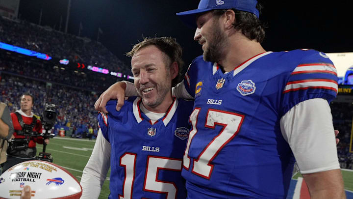 Buffalo Bills quarterback Josh Allen chats with Matt Prater who won the game with his field goal attempt. Prater received a Sunday Night football after the game at Highmark Stadium in Orchard Park on Sept. 7, 2025.