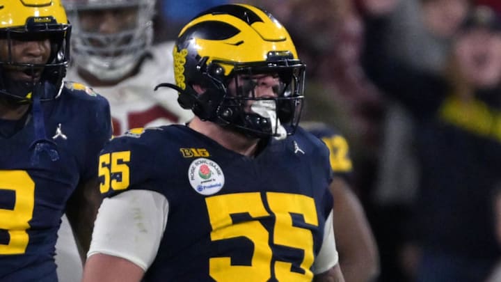 Jan 1, 2024; Pasadena, CA, USA; Michigan Wolverines defensive lineman Mason Graham (55) celebrates after a tackle against the Alabama Crimson Tide during overtime in the 2024 Rose Bowl college football playoff semifinal game at Rose Bowl. Mandatory Credit: Jayne Kamin-Oncea-Imagn Images Jan 1, 2024; Pasadena, CA, USA; Michigan Wolverines defensive lineman Mason Graham (55) celebrates after a tackle against the Alabama Crimson Tide during overtime in the 2024 Rose Bowl college football playoff semifinal game at Rose Bowl. Mandatory Credit: Jayne Kamin-Oncea-Imagn Images