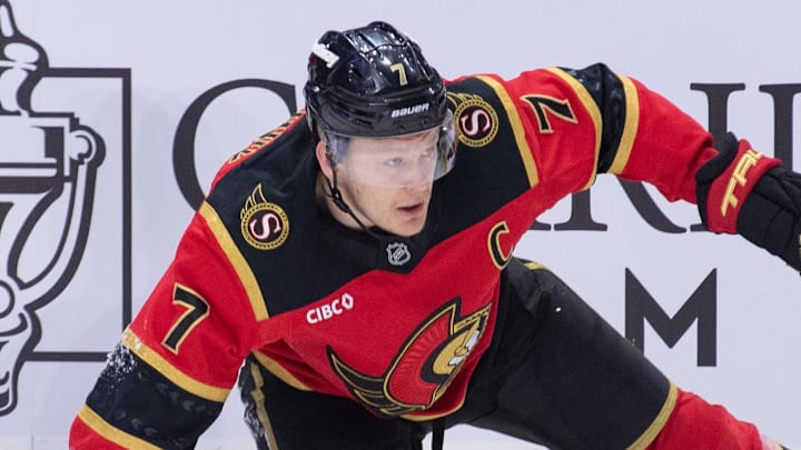 Apr 9, 2026; Ottawa, Ontario, CAN; Ottawa Senators left wing Brady Tkachuk (7) falls after battling with Florida Panthers center Jesper Boqvist (70) in the first period at the Canadian Tire Centre. Mandatory Credit: Marc DesRosiers-IMAGN Images Apr 9, 2026; Ottawa, Ontario, CAN; Ottawa Senators left wing Brady Tkachuk (7) falls after battling with Florida Panthers center Jesper Boqvist (70) in the first period at the Canadian Tire Centre. Mandatory Credit: Marc DesRosiers-IMAGN Images