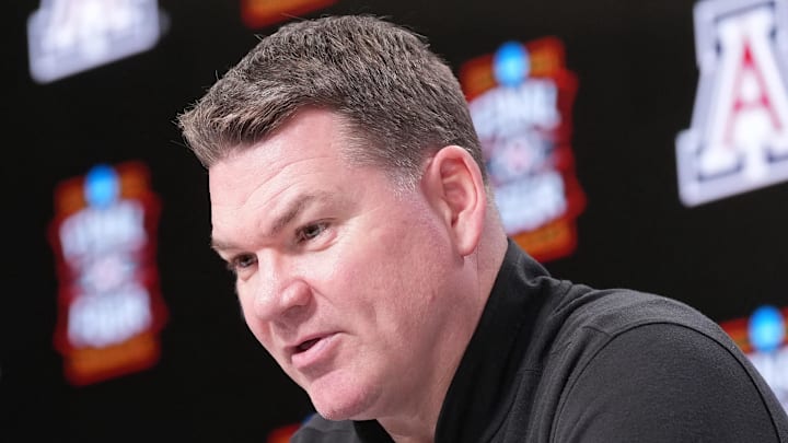 Apr 2, 2026; Indianapolis, IN, USA; Arizona head coach Tommy Lloyd during a press conference ahead of the Final Four of the men's 2026 NCAA Tournament at Lucas Oil Stadium. Mandatory Credit: Robert Deutsch-Imagn Images