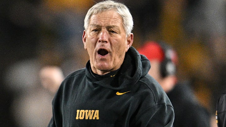 Nov 11, 2023; Iowa City, Iowa, USA; Iowa Hawkeyes head coach Kirk Ferentz reacts during the fourth quarter against the Rutgers Scarlet Knights at Kinnick Stadium. Mandatory Credit: Jeffrey Becker-Imagn Images