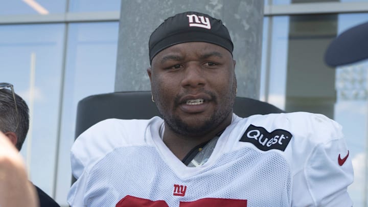 Aug 12, 2025; Florham Park, NJ, USA; at Atlantic Health Jets Training Center. The Giants and Jets participate in a joint practice at the Jets' training facility in Florham Park. New York Giants #97 Dexter Lawrence II.