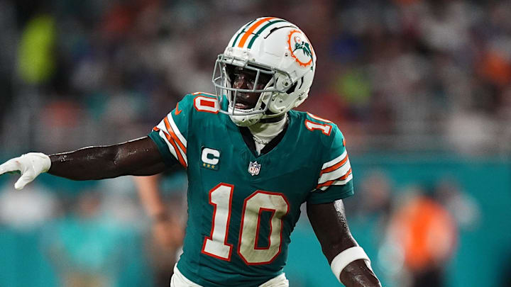 Sep 12, 2024; Miami Gardens, Florida, USA; Miami Dolphins wide receiver Tyreek Hill (10) lines up prior to a play during the second half against the Buffalo Bills at Hard Rock Stadium. Mandatory Credit: Jasen Vinlove-Imagn Images
