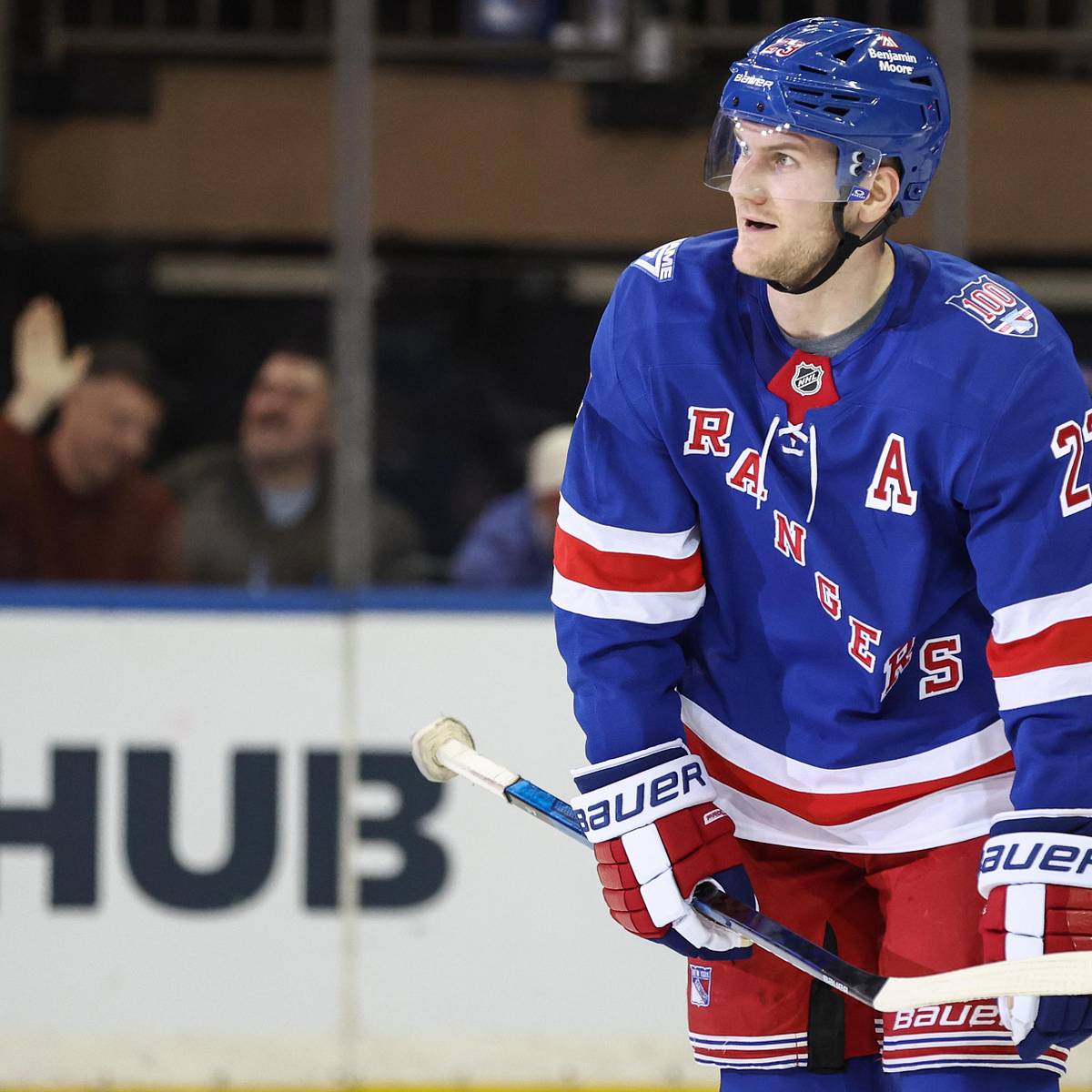 Adam Fox wearing the New York Rangers blue jersey in 2026