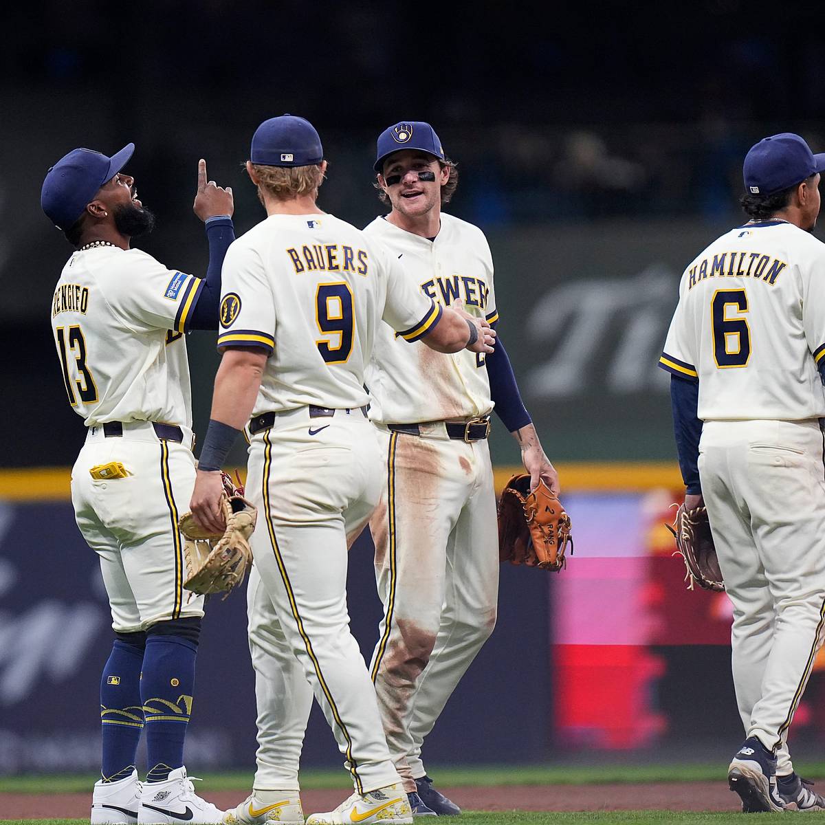 Milwaukee Brewers Jake Bauers and teammates on the field during the 2026 season