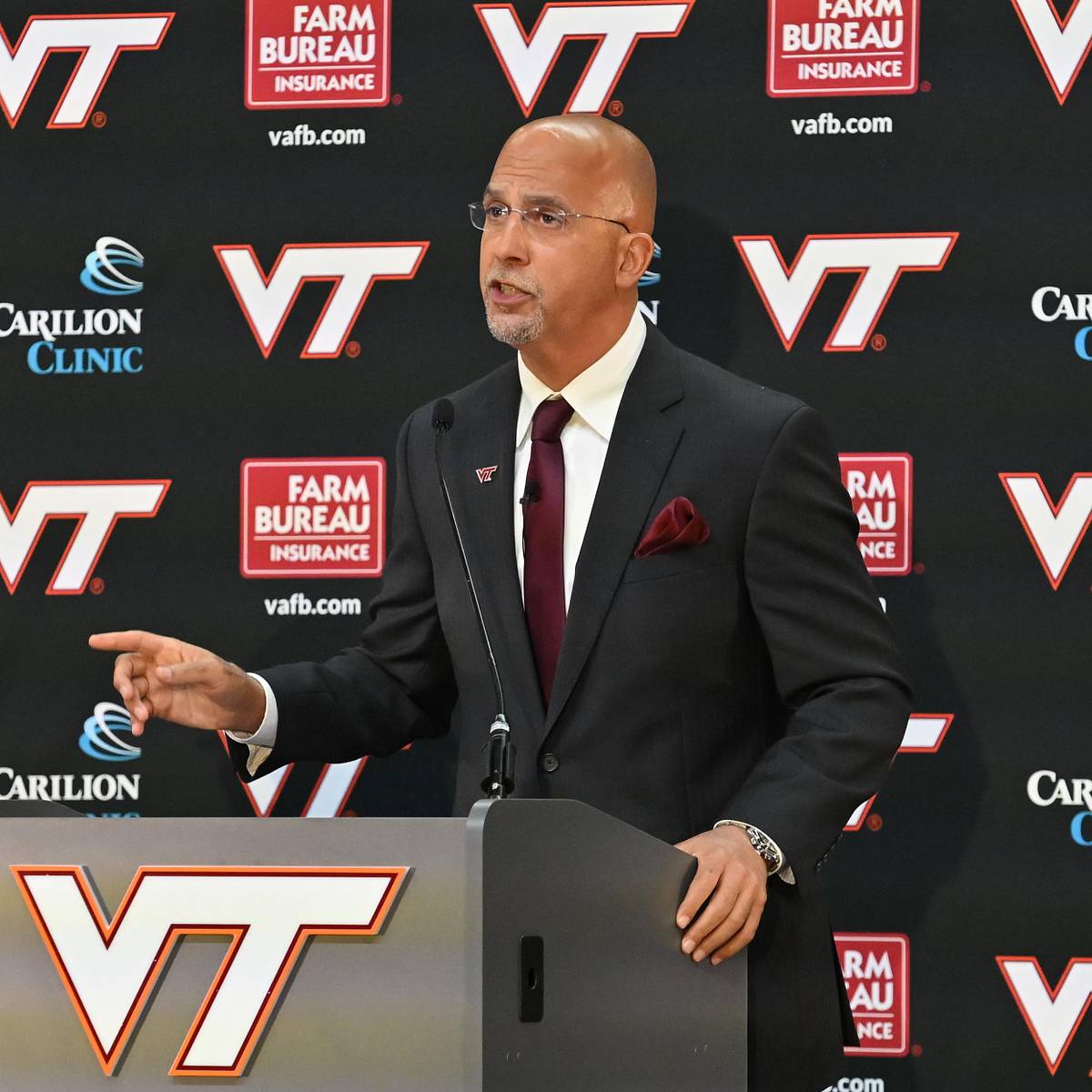 James Franklin speaking at a Virginia Tech football media event