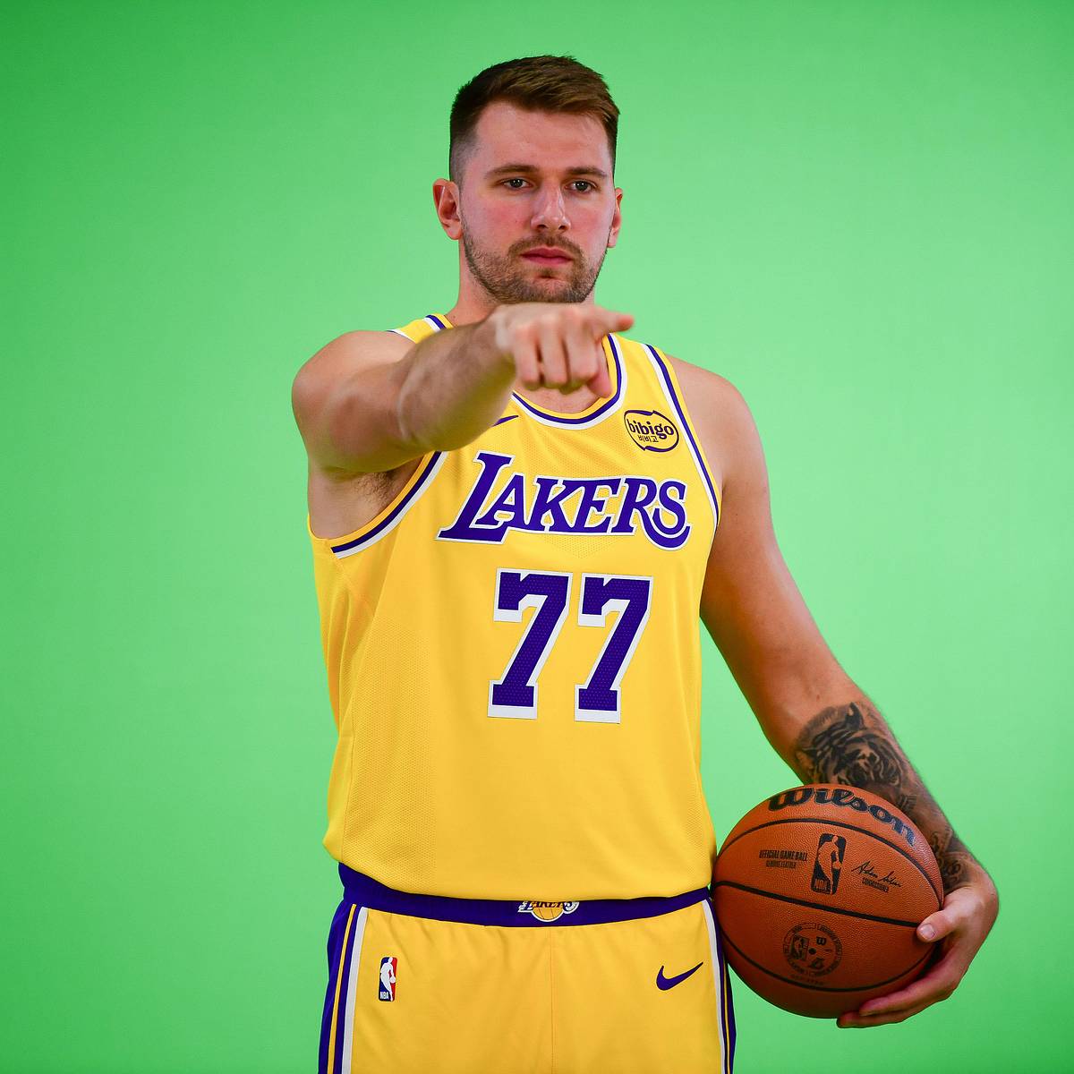 Luka Dončić in a Los Angeles Lakers jersey at media day